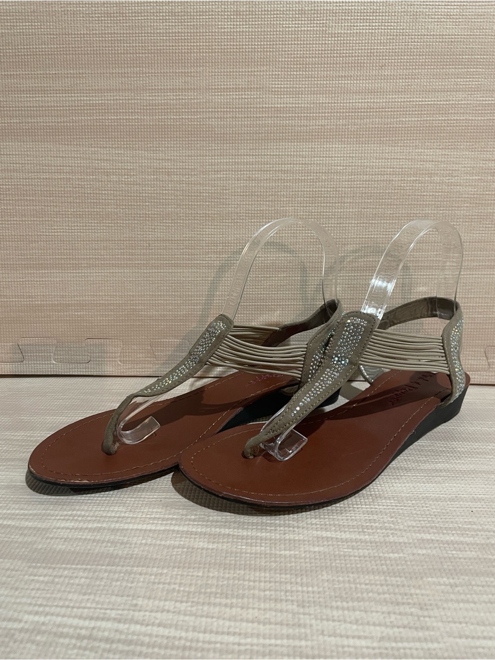 Pink & Pepper Taupe Rhinestone T-Strap Sandals